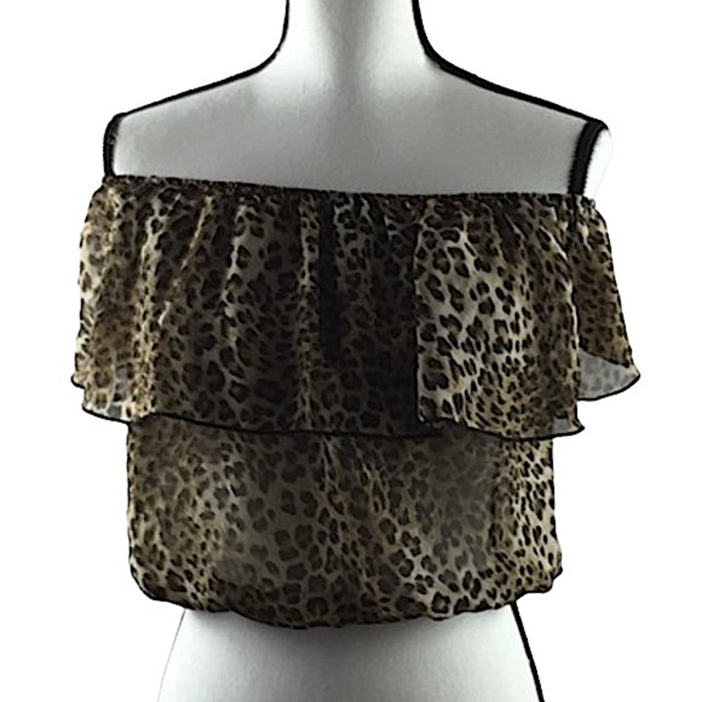 Love J size large sheer animal print crop top, elastic waist & neck, wide neck